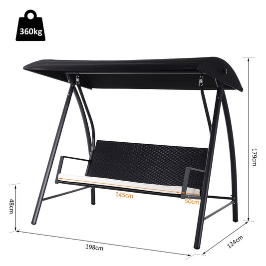 Luxury 3-Seater Rattan Garden Swing Chair in Black - Weatherproof, UV Resistant, Adjustable Sunroof - High Quality & Easy Assembly