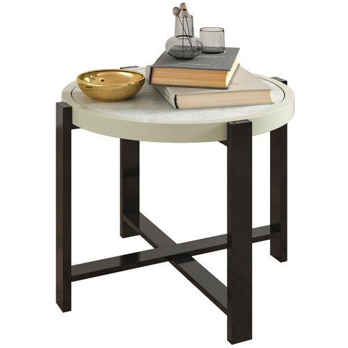 Outsunny Round Small Garden Table with Faux Marble Glass Top, Light Grey