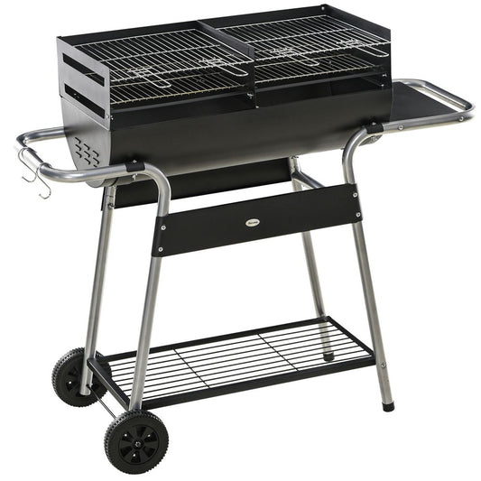 Outsunny Charcoal BBQ Grill - Double Grill, Table, Storage Shelf & Wheels - High-Quality Steel