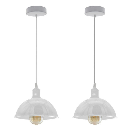 2Pack Dome Metal Pendant Lights | Sturdy, White Loft Style | Spray Painted Finish | Inner White | 21cm Bottom | High Quality