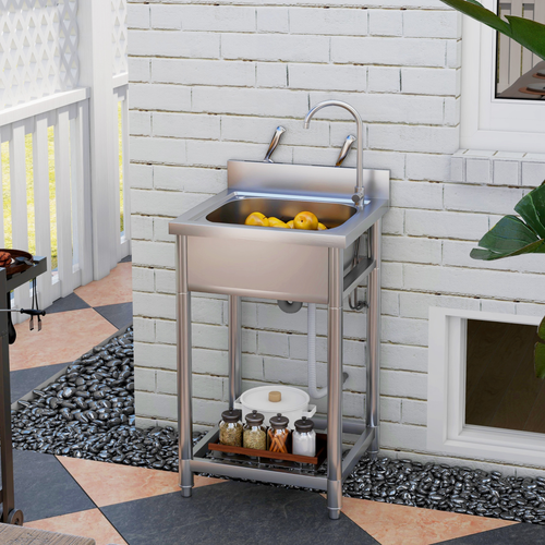 HOMCOM Stainless Steel Utility Sink with Cold and Hot Water Pipe