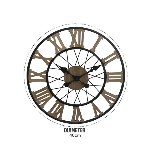Large Metal Clock - 40CM Wood Design - Vintage Look - Perfect Statement Piece for Any Room - AA Battery Powered