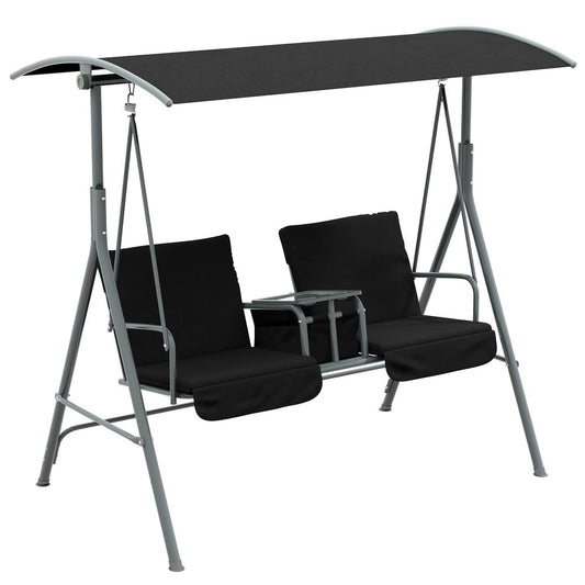 Outsunny 2 Person Patio Swing w/ Table & Storage - Black. Strong, Comfortable, Weather-Resistant. Easy Assembly. 220kg Capacity