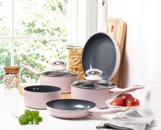 Cermalon 5-Piece Blush Pink Ceramic Non-Stick Pan Set - High-Quality, Trendy Cookware for All Hob Types