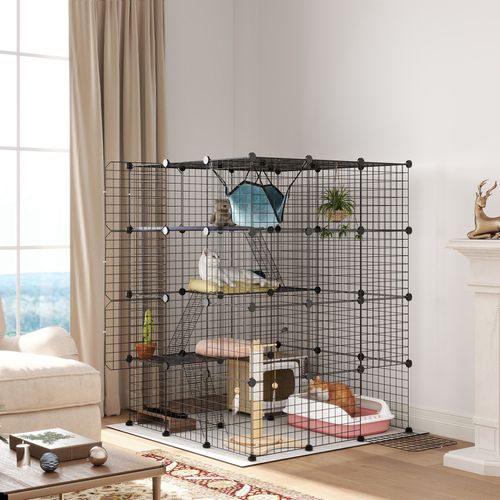 PawHut DIY 4 Tier Cat Cage Indoor with Hammock, Ramps, Doors, for 1-3 Cats