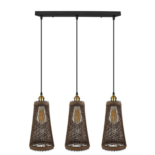 3 Head Natural Wicker Basket Style Retro Industrial Vintage Rattan Ceiling Pendant