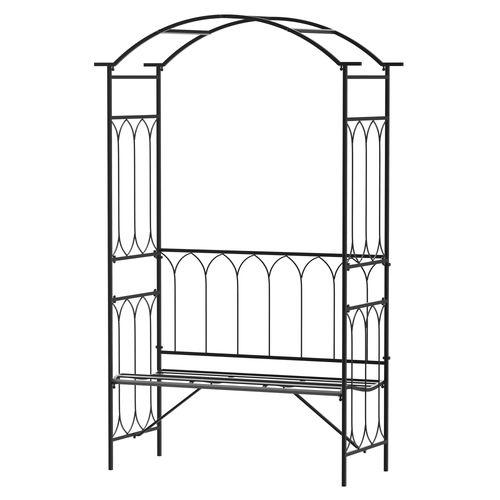 Outsunny Garden Metal Arch Bench Outdoor 2-Seater Chair, Patio Rose Trellis Arbour Pergola for Climbing Plant Vintage Classic Black 115L x 50W x 203H cm