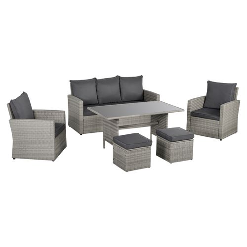 Outsunny 6 Pieces Outdoor PE Rattan Garden Furniture Set with Three-seat, Armchairs and Footstools, Patio Wicker Dining Sets w/Glass Top Dining Table, Soft Cushion, Mixed Grey