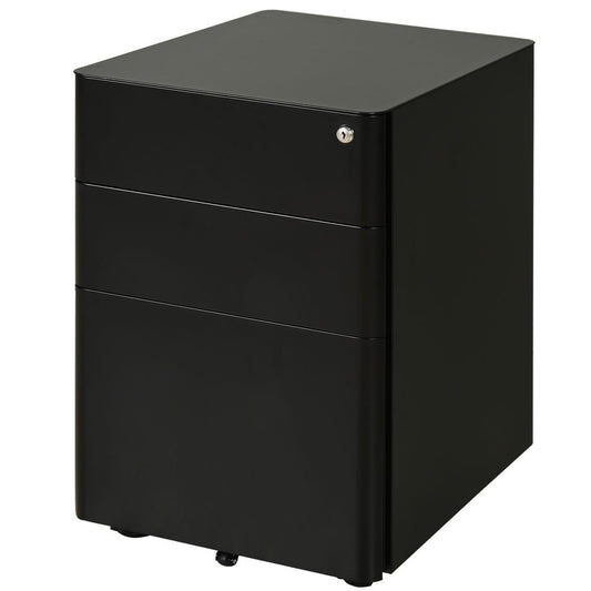3 Draw Metal Filing Cabinet Lockable 4 Wheel Compact Under Desk Black Vinsetto