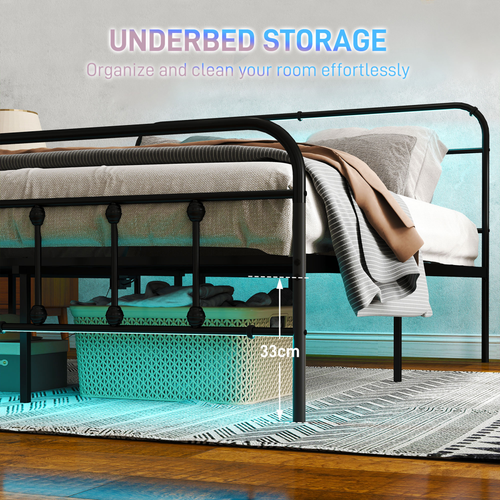 HOMCOM Double Bed Frame with LED Lights and Charging Station, Black