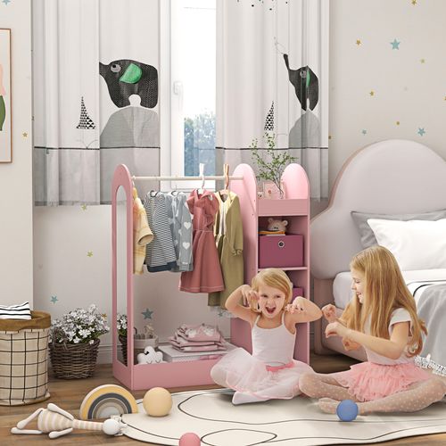 AIYAPLAY Kids Cloth Rail with Storage Shelf, Boxes, Mirror for Bedroom
