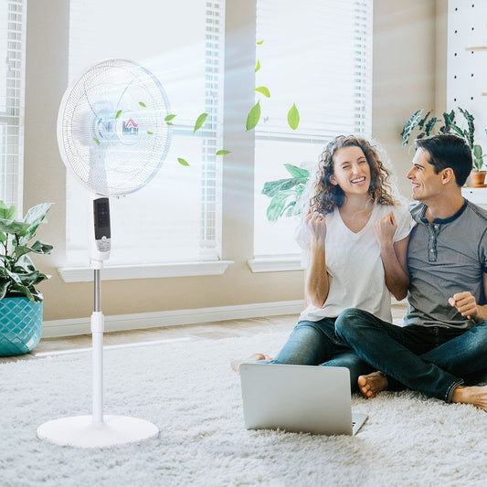 HOMCOM 16'' Pedestal Stand Fan, 3 Speed 3 Mode, 85° Oscillation, LED Panel, 3M Remote Controller, Height Adjustable for Living Room, Bedroom, Garage, Office, Black and White