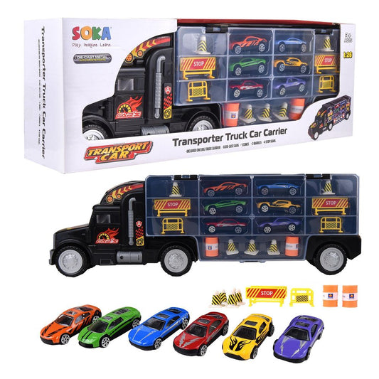 Soka Car Transporter Carrier Truck Toy - Play Vehicle Set of 1 Big Truck Carrier, 6 Colourful Metal Cars, 5 Cones, 2 Barrels and 4 Stop Signs