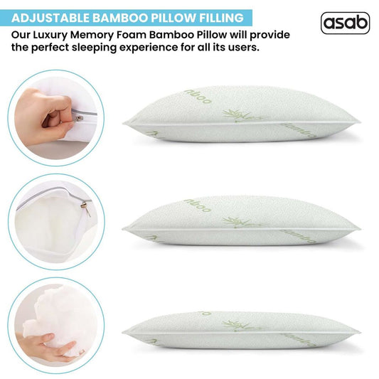 Bamboo Memory Foam Pillow - Pack of 2, Hypoallergenic, Thermal Regulation. Best Quality, Relieves Head & Neck Pain. AS-61478