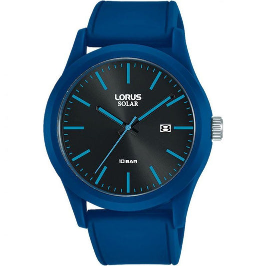 Lorus Mens Sports Solar Black Dated Dial Watch - Blue Rubber Strap RH305AX9