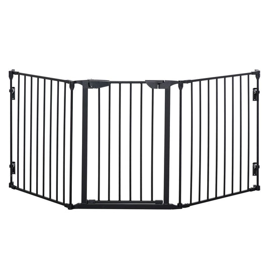 PawHut Pet Safety Gate 3 Panels Playpen Metal Fence with Walk Through Door Black