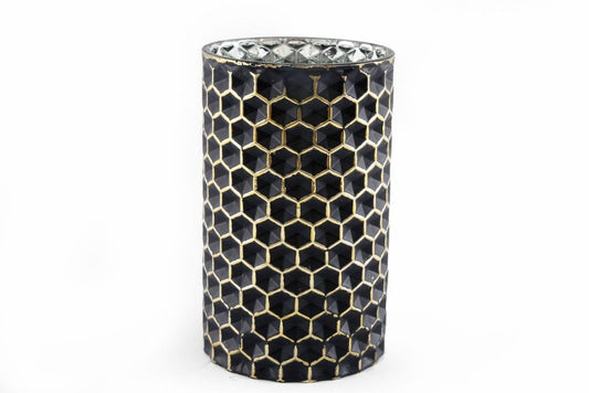 Premium Honeycomb Vase: Elegant, High-Quality Glass in Black with Gold Edged Pattern
