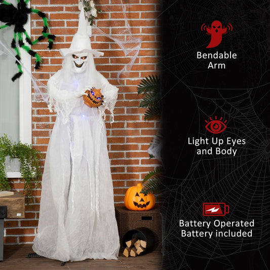 Outsunny 74 Inch Halloween Decorations White Witch Holding Pumpkin Head, Standing Skeleton Ghost Prop Life Size with Light Up Eyes and Body