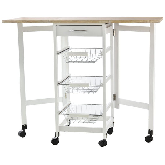 MDF Extendable Kitchen Island Trolley - White, Steel Drawers, Oak Countertop