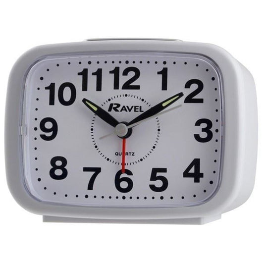 Ravel Square White Alarm Clock RC008.04 - Coloured Plastic Case, Silent Sweep, Beep/Bell Alarm. Quality Quartz Movement.