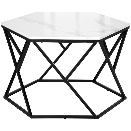 HOMCOM Hexagonal Coffee Table with High Gloss Marble Effect Table Top, Modern Cocktail Table with Steel Frame for Living Room, White