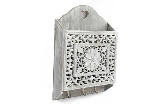 Rustic Grey Wooden 3-Hook Key Holder with Cutout Pattern Shelf