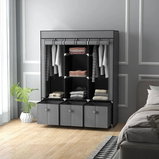 HOMCOM Portable Wardrobe - 5 Shelves, 3 Drawers, 2 Rails - Grey