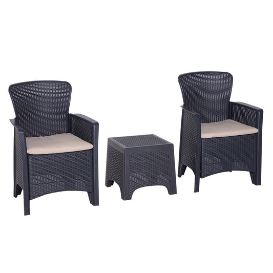High Load Patio Coffee Set | 3-PCS Rattan Chair, Table & Cushion | Garden Gathering Furniture