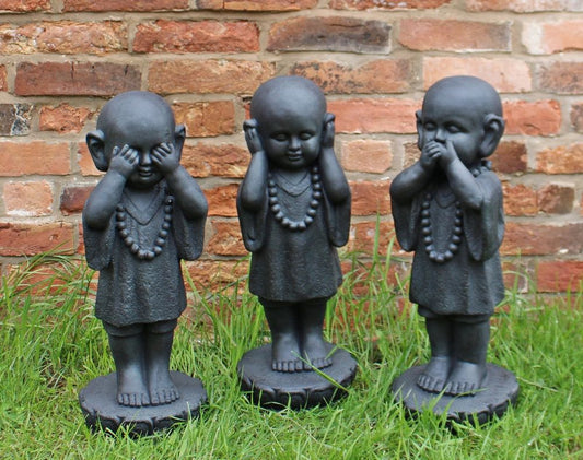 Set of 3 Stone Effect Monk Ornaments - See No Evil, Hear No Evil, Speak No Evil