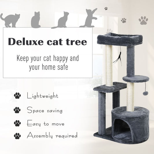 PawHut 100cm Cat Tree for Indoor Cats, Cat Tower Condo for Kittens with Cat House Sisal Scratching Posts, Hanging Ball Toys, Perches - Grey