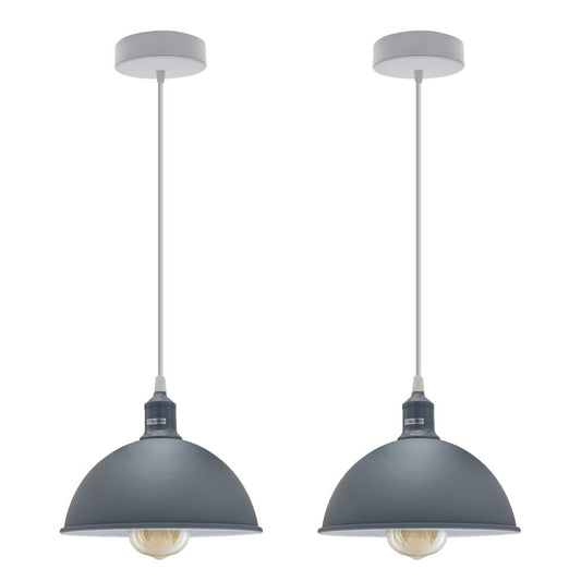 Grey Loft Style Metal Pendant Lights - 2 Pack, 21cm Dome Shaped Spray Finish, Inner White, Sturdy, E27 Bulb Socket