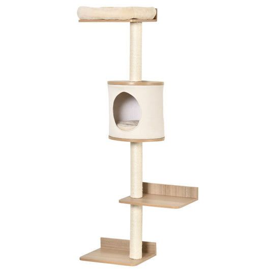 PawHut Wall-Mounted Cat Tree Shelter - Condo Bed Scratching Post - Beige