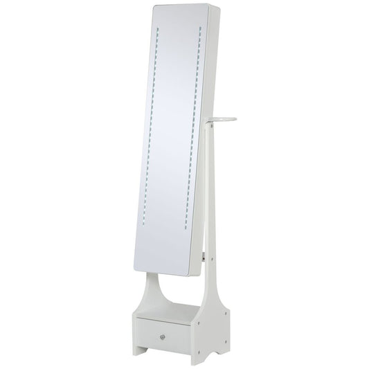 HOMCOM Jewellery Cabinet, Full Length Mirror with Storage, Free Standing Mirror with LED Lights, Hooks, Drawer and Hairdryer Holder for Bedroom, White