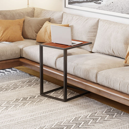 Industrial C-Shaped Side Table - Walnut | Modern Coffee Table- Metal Base