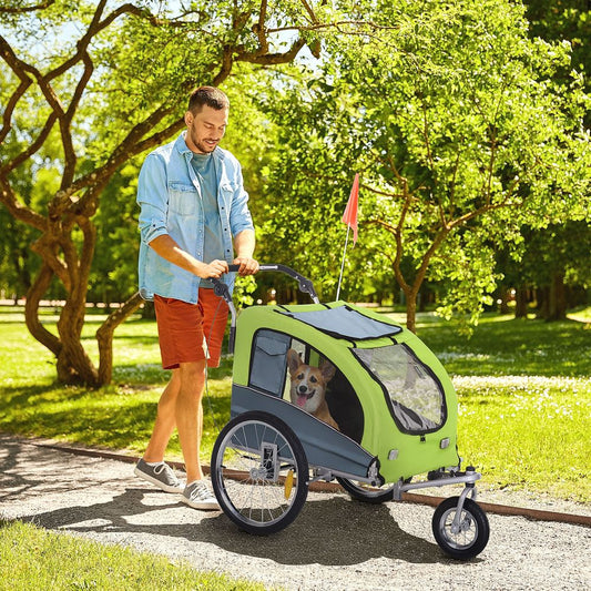 PawHut Dog Bike Trailer Pet Stroller Cart Carrier for Bicycle 360° Rotatable with Reflectors 3 Wheels Hitch Coupler Push/Pull/Brake Water Resistant Green