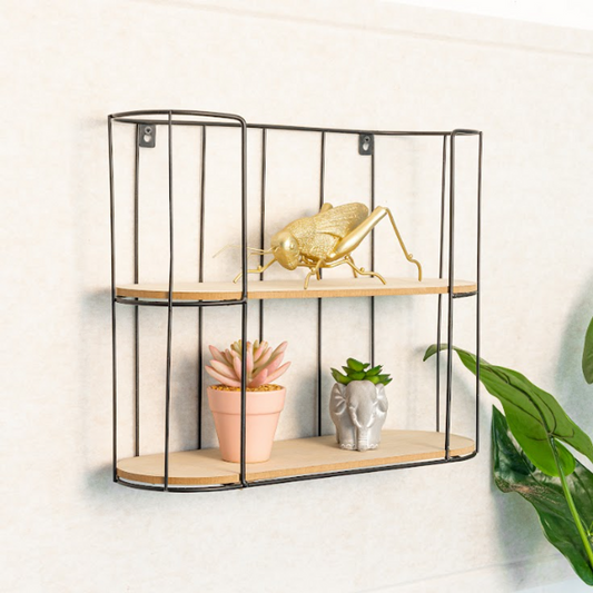 Premium Quality 2 Tier Bar Wall Shelf - Heavy-Duty Iron - Stylish Black + Oak Finish