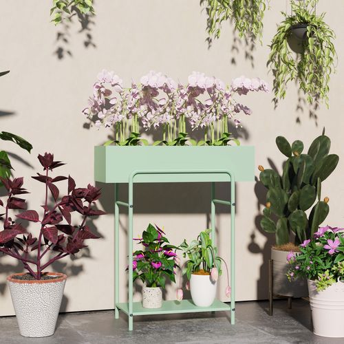 Outsunny 2 Tier Plant Stand, Metal Plant Rack with Drain Holes, Green