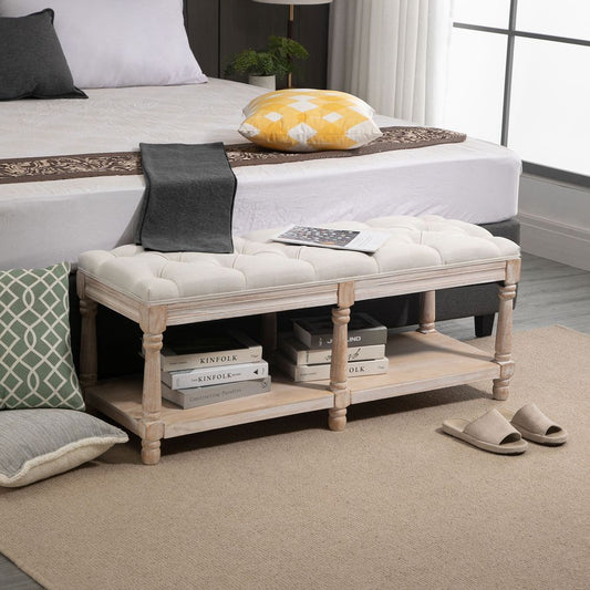HOMCOM 2-Tier Bed End Bench, Vintage Stool, Wooden Window Seat with Storage Shelf, Button Tufted Upholstered Footstool for Living Room, Bedroom, Entryway, Cream White
