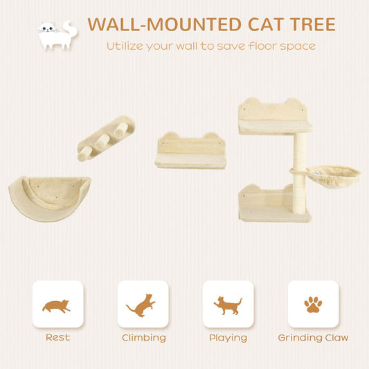 PawHut 4PCs Wall Mounted Cat Tree Cat Wall Shelves Furniture Climbing Shelf Set Kitten Activity Centre with Hammock, Scratching Post - Beige