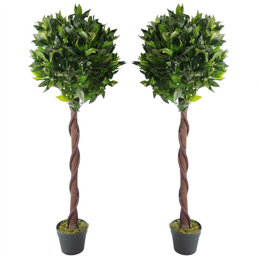 Realistic 120cm Twisted Trunk Artificial Topiary Bay Laurel Ball Trees - Set of 2