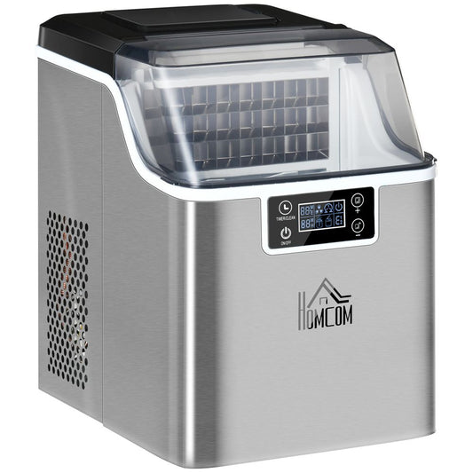 HOMCOM Ice Maker Machine Countertop, Stainless Steel Portable Ice Cube Maker, 2 Ways to Add Water, 24kg/Day, 24 Pcs Ready in 14 Mins, Self-Cleaning with Scoop & Basket, 3.2L, for Home Office, Silver