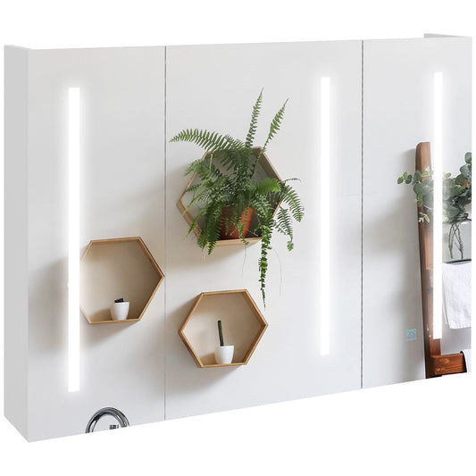 kleankin Wall Mount Storage Cupboard w/ Light, Mirror & Shelf - Bathroom Organizer, Day & Night Ready