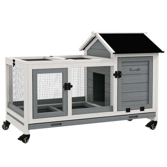 PawHut Wooden Rabbit Hutch, Small Animal  House w/ Wheels, Removable Tray - Grey