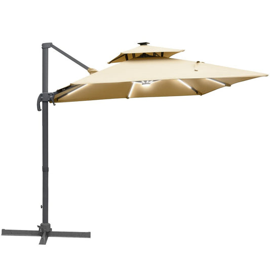 3m Cantilever Patio Umbrella, Solar LED Lighted Crank Handle Khaki