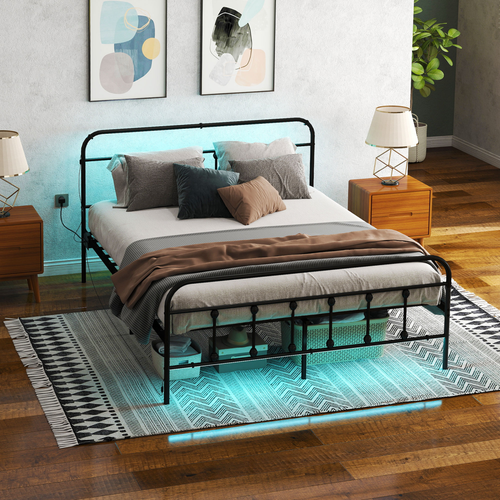 HOMCOM King Bed Frame with LED Lights and Charging Station, Black