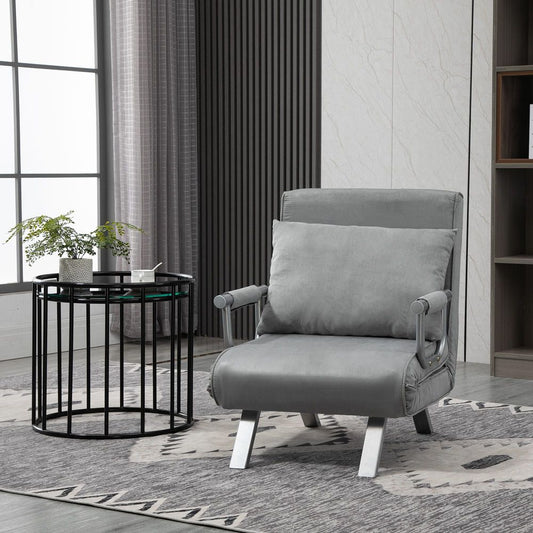 HOMCOM Modern 4-In-1 Single Sofa Bed Sleeper Foldable Portable Armchair Bed Chair Lounge Couch with Pillow for Living Room, Bedroom, Light Grey