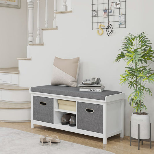 HOMCOM Shoe Bench w/ Cushioned Seat & Fabric Drawers - Entryway & Hallway Organizer - White