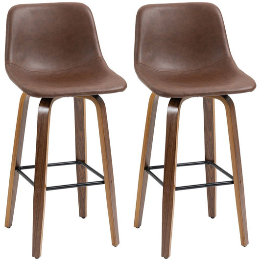 Premium Mid-Back Bar Stools - Set of 2 | Brown PU Leather | Wood Legs | Adjustable Feet