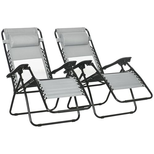 Foldable Garden Recliner Chair Set of 2 w/ Footstool & Headrest, Grey