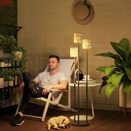 Outsunny 3-Light Solar Rattan Floor Lamp with Shelf, Auto On/Off, Yellow